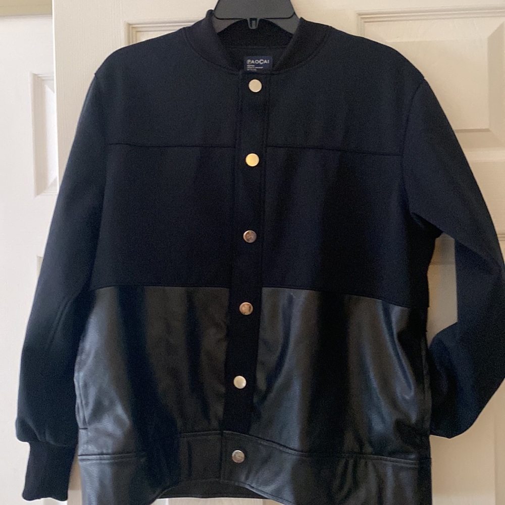 Paocai black mixed media bomber jacket with silver snaps in size medium